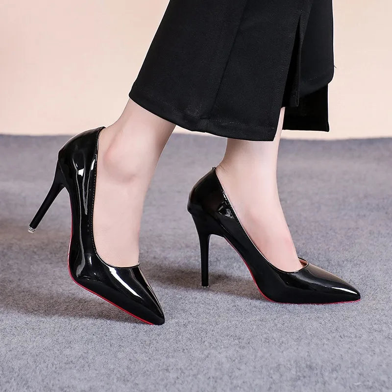 Sexy Pointed Toe Patent Leather High Heels Temperament Girl Red Sole Party Dress Stiletto Pumps Classic Black Work Single Shoes