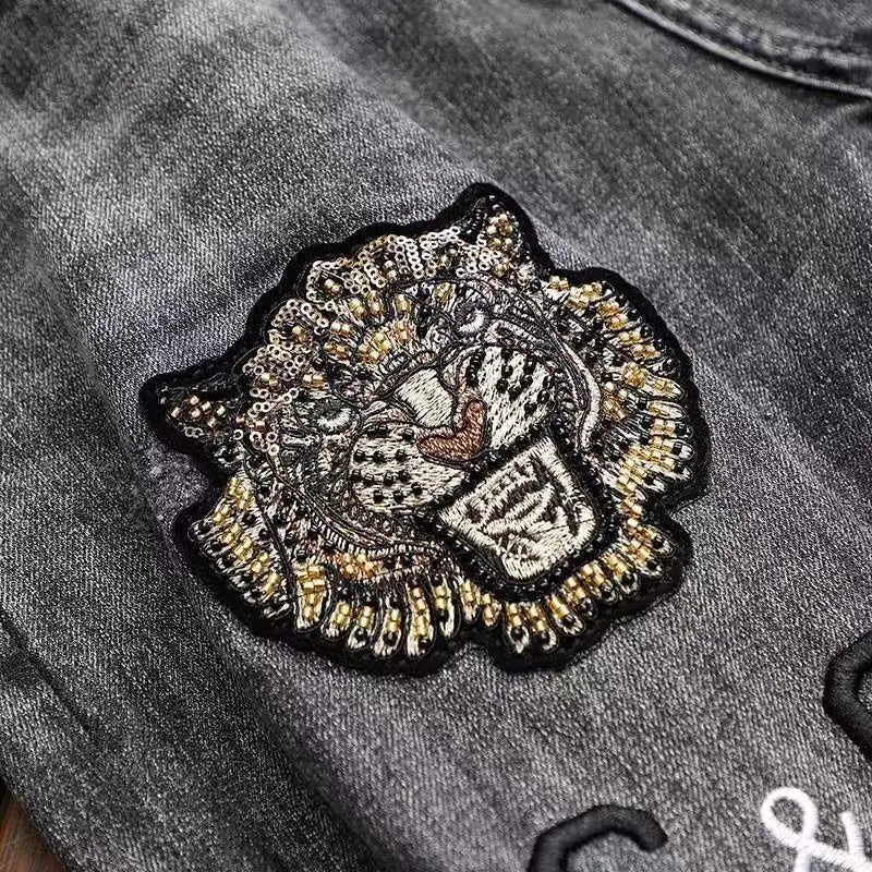 High End Jeans Men's Embroidered Elastic Embroidered Washed Slim Fit Small Leg Pants Casual Long Pants