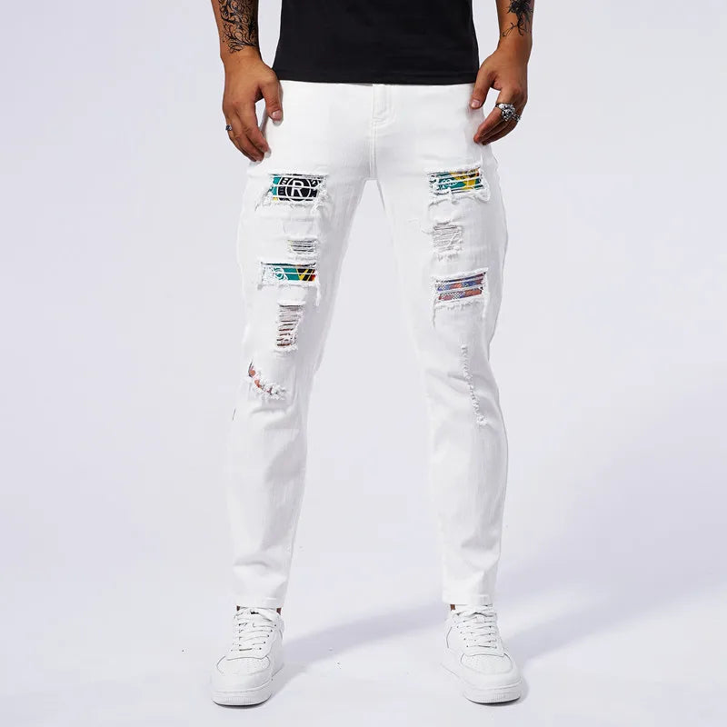 White ripped jeans for men 2024 new summer slim fit jeans for men straight leg casual pants for men stretch denim ripped pants