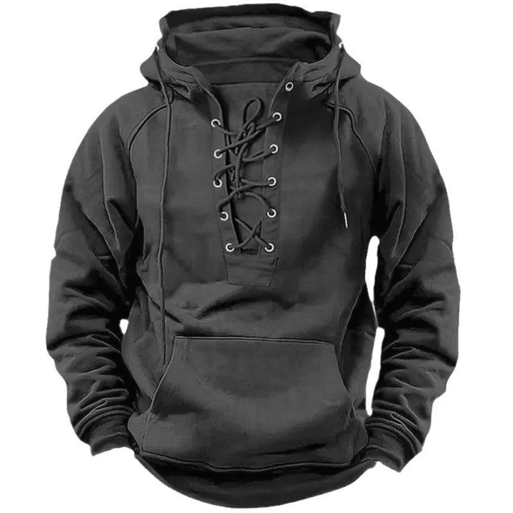 Men's Retro-Style Lace-Up Hooded Sweatshirt Loose-Fitting Long-Sleeved Pullover Pure Color Design for Autumn Winter Hoodie