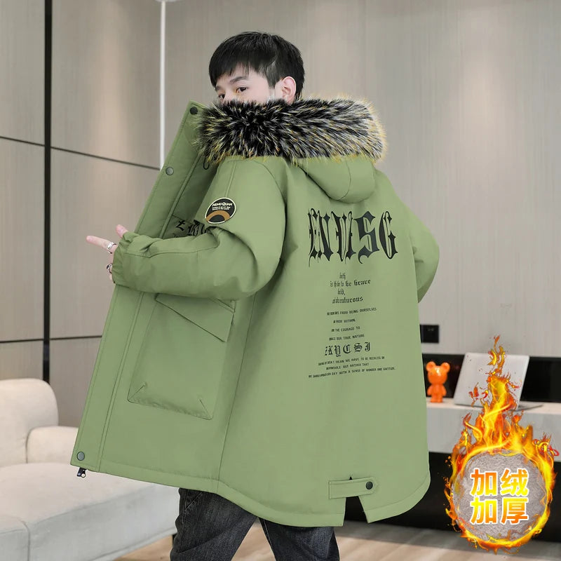 Winter Men's Warm Mid-Length Hooded Plush Jackets Street Wear Fur Collar Thicken Fleece Casual Coats Windproof Parkas