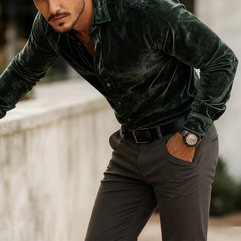 Stylish Solid Color Velvet Shirts Mens Long Sleeve Button-up Turn-down Collar Casual Shirt Fall Winter Daily Leisure Men Shirts
