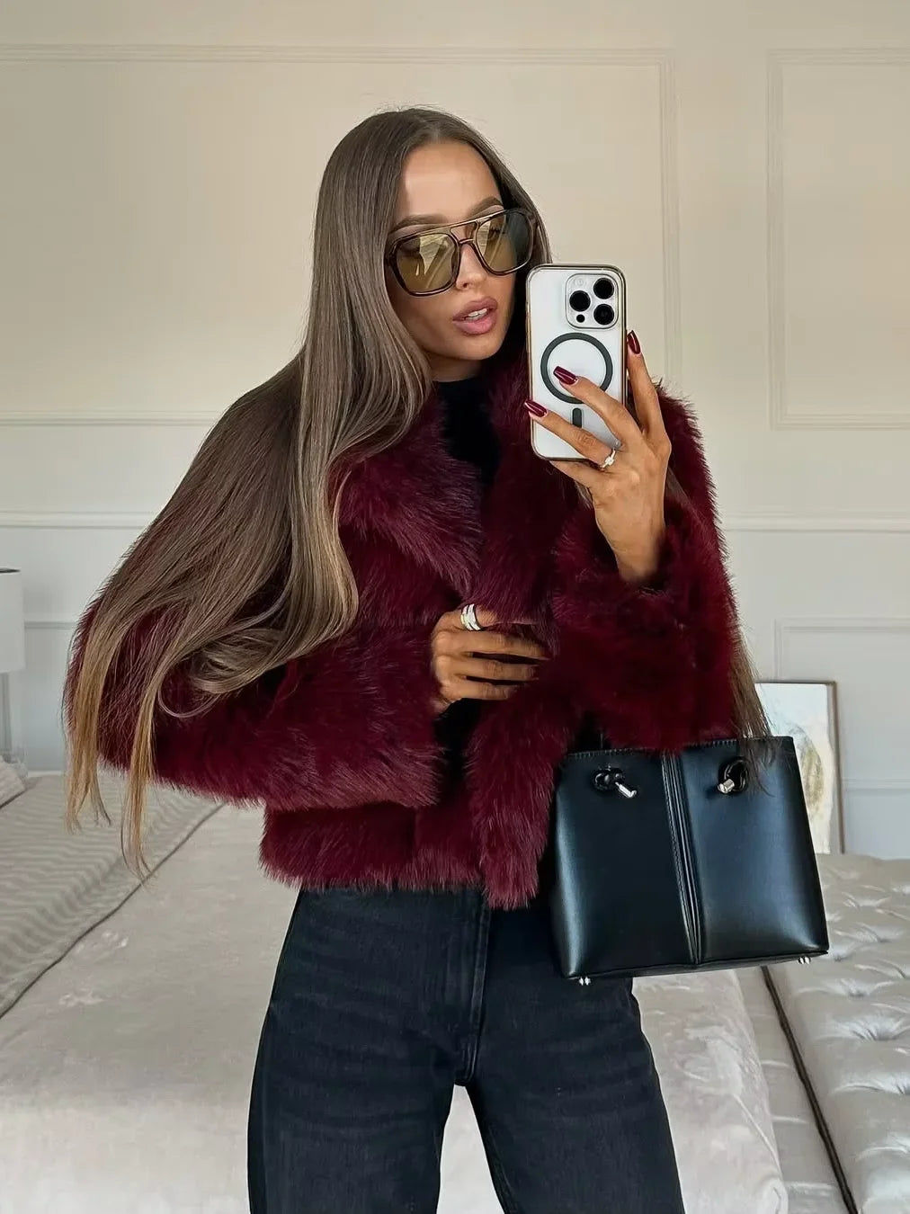 Wine Red Faux Fur Coat Women Fashion Lapel Long Sleeve Single Breasted Short Jackets 2025 Autumn Winter Lady Street Outwear