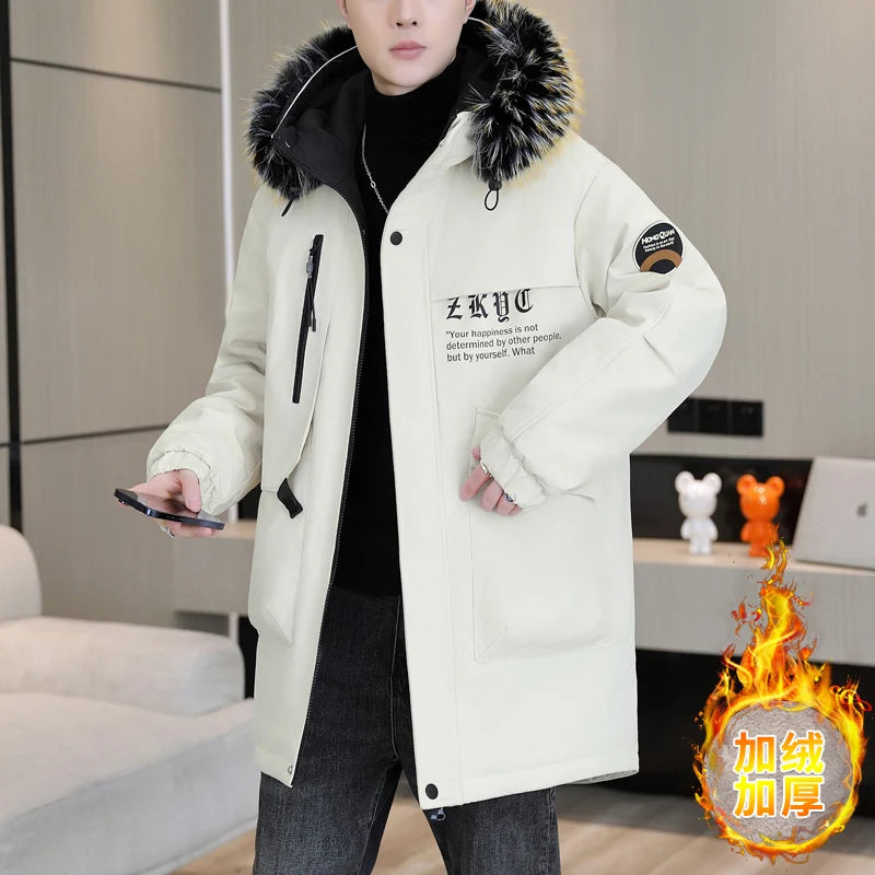 Winter Men's Warm Mid-Length Hooded Plush Jackets Street Wear Fur Collar Thicken Fleece Casual Coats Windproof Parkas