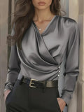 Women's Elegant Satin Wrap Blouse - Long Sleeve V-Neck Button Detail Top for Office & Casual Wear