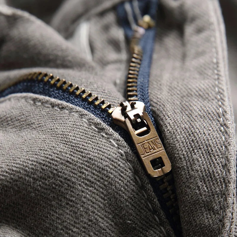 European American Holes Jeans Men Casual Gray Washed Teenagers Stretchless Mid Waist Slim Fitting Denim Pants Ripped Jeans