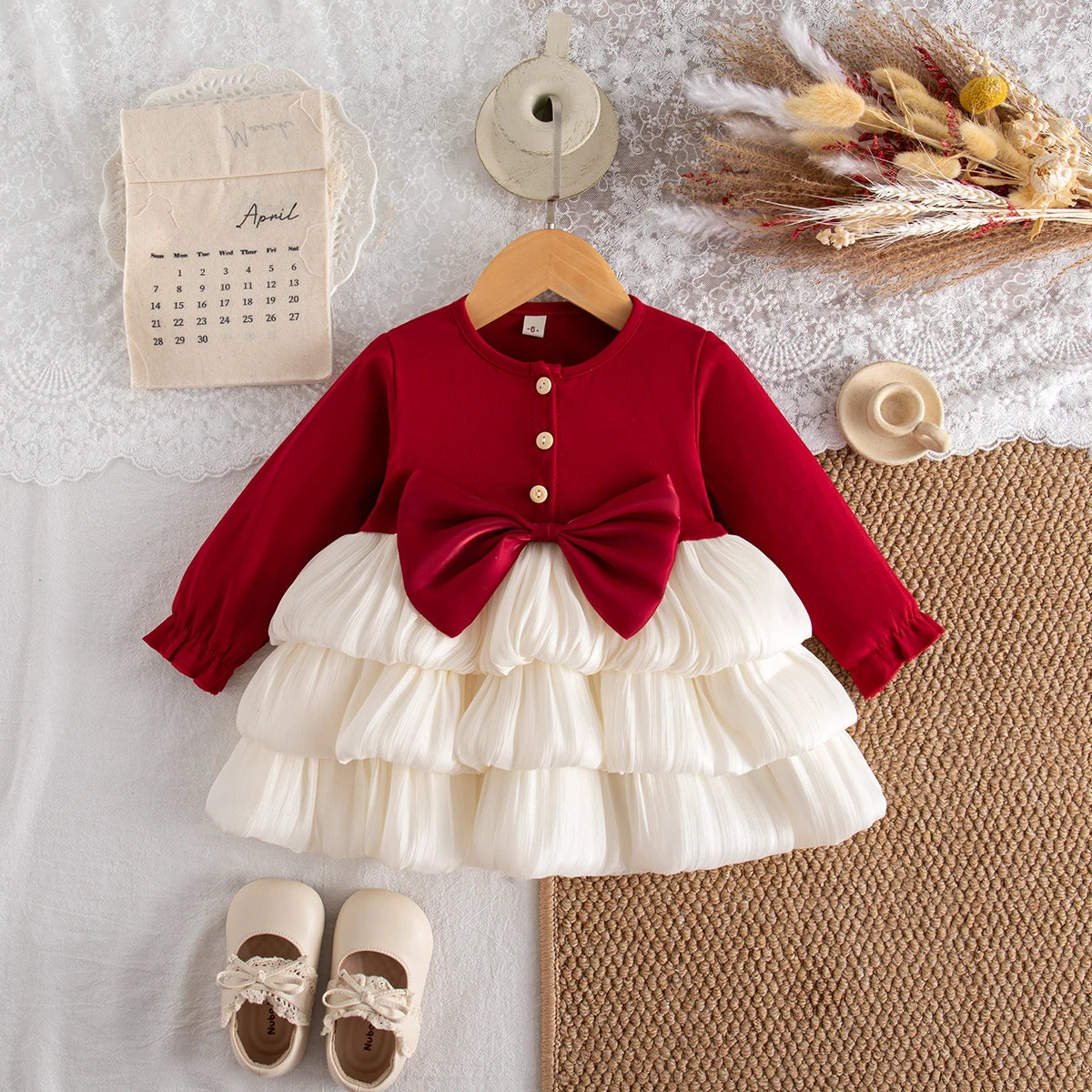 Spring And Autumn New Red Bow Baby Girl Dress, Sweet And Cute Children'S Clothing Suitable For Christmas Parties (6-24 Months)