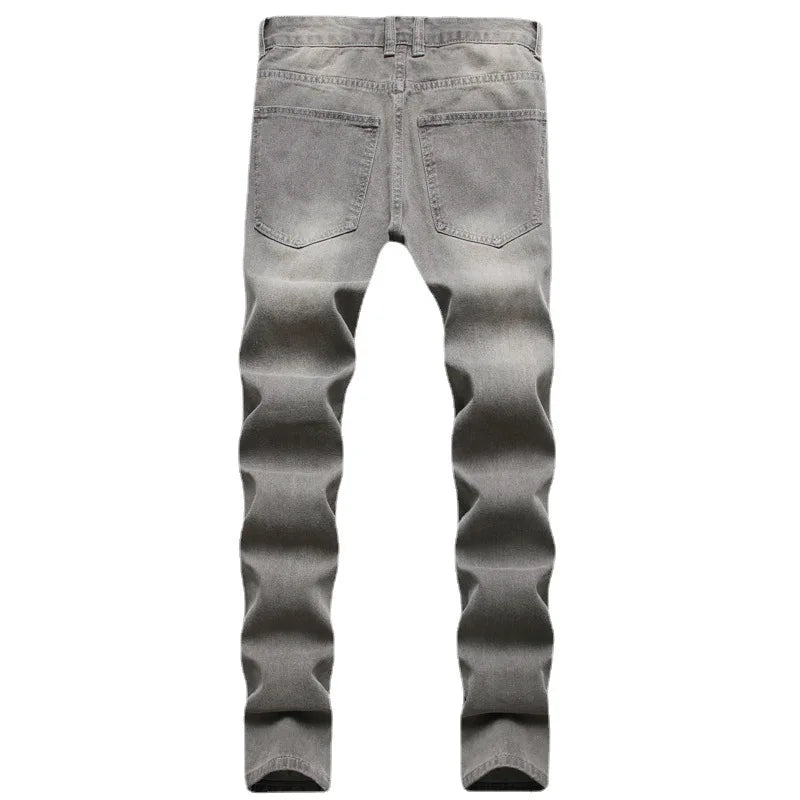 European American Holes Jeans Men Casual Gray Washed Teenagers Stretchless Mid Waist Slim Fitting Denim Pants Ripped Jeans