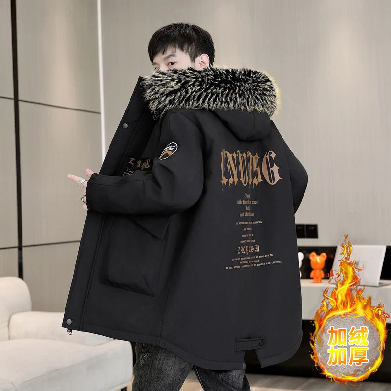 Winter Men's Warm Mid-Length Hooded Plush Jackets Street Wear Fur Collar Thicken Fleece Casual Coats Windproof Parkas