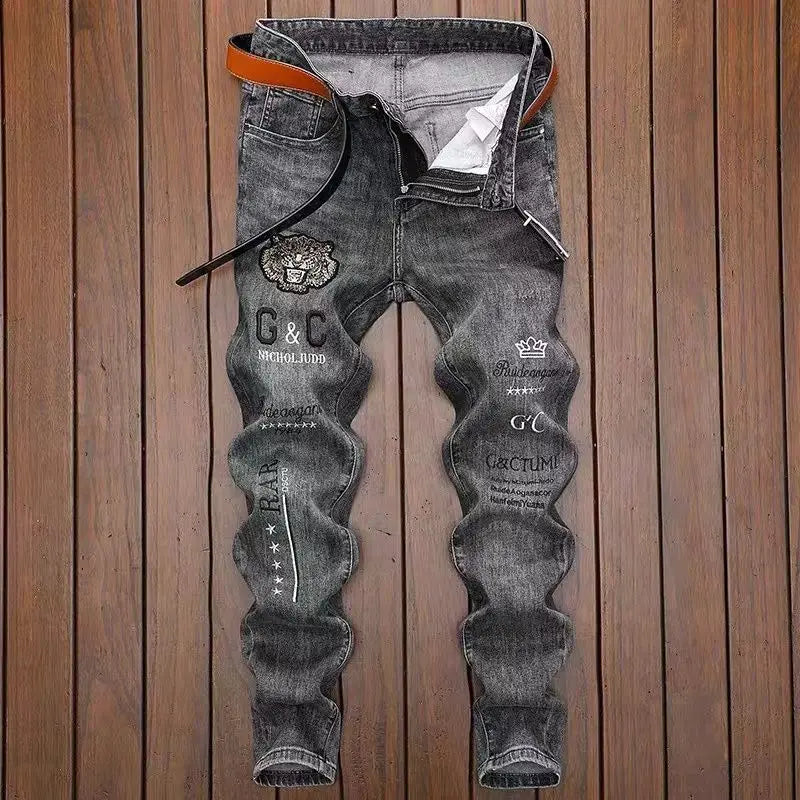 High End Jeans Men's Embroidered Elastic Embroidered Washed Slim Fit Small Leg Pants Casual Long Pants