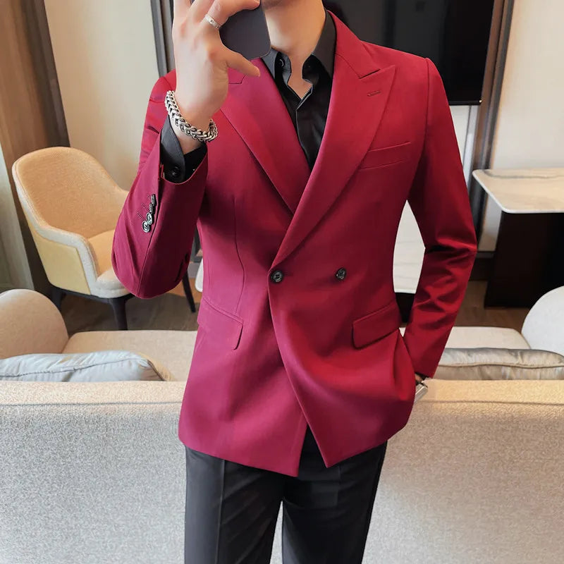 Double Breasted Blazer Jackets For Men High Quality Autumn Winter New Plain Color Suit Coats Slim Fit Business Casual FormalWear