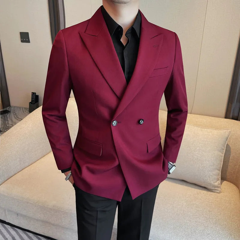 Double Breasted Blazer Jackets For Men High Quality Autumn Winter New Plain Color Suit Coats Slim Fit Business Casual FormalWear