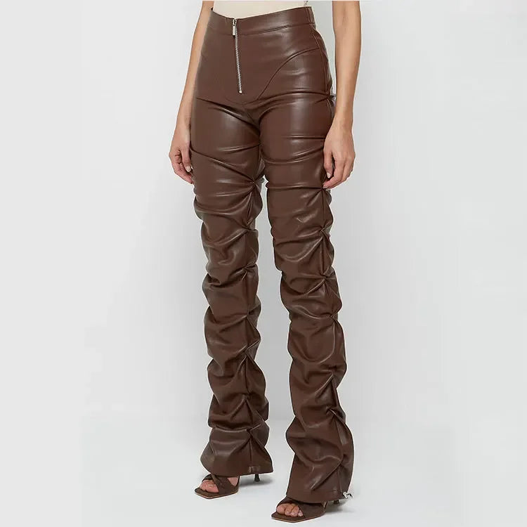 Women Leather Pant Solid Slim Fit Flare Pants Zipper Folds High Waist Trousers Pockets Elegant Ladies Autumn Streetwear