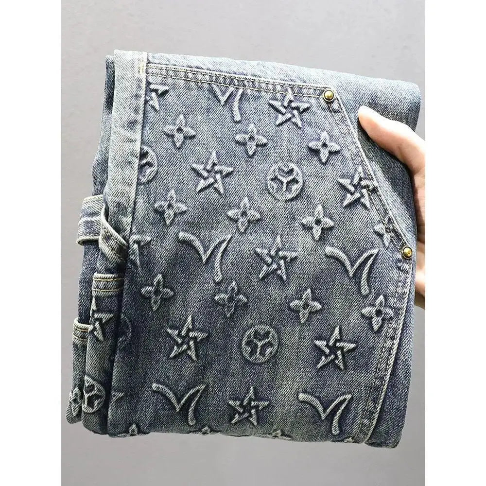 Men's casual straight-leg printed jeans autumn and winter new mid-waist loose trousers trendy tube trousers