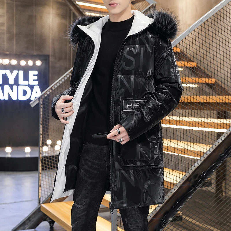 Fashion Hooded Cotton-Padded Jackets Autumn Winter Men's Windproof Thicken Parkas Streetwear Mid-Long Print Warm parkas puffer