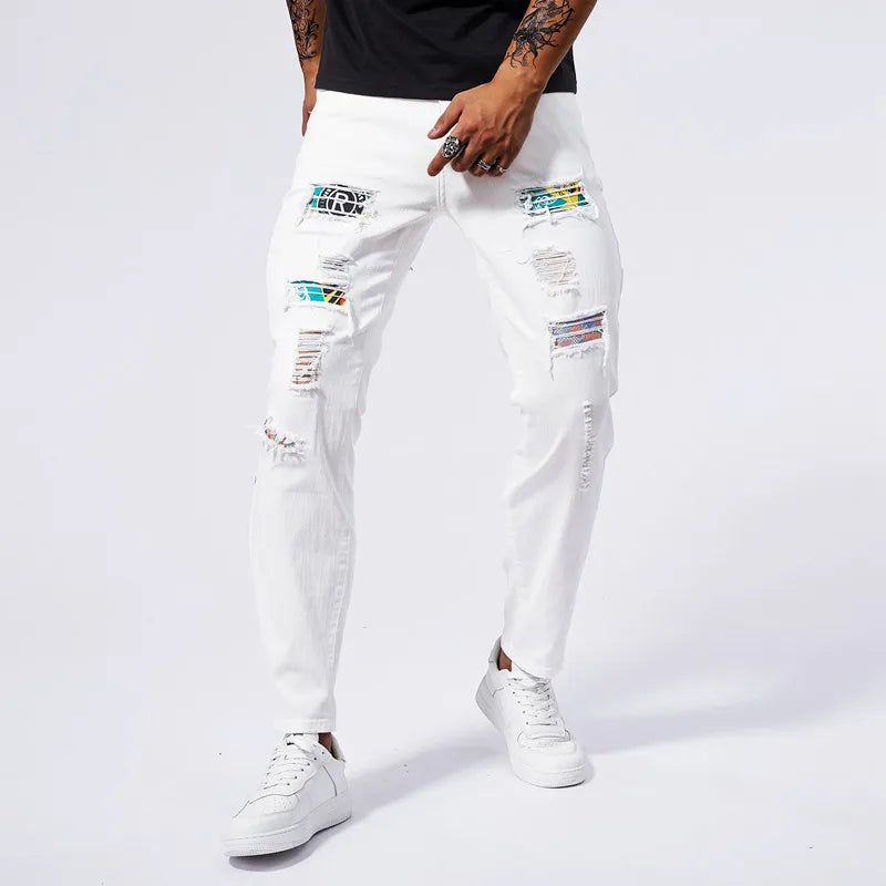 White ripped jeans for men 2024 new summer slim fit jeans for men straight leg casual pants for men stretch denim ripped pants