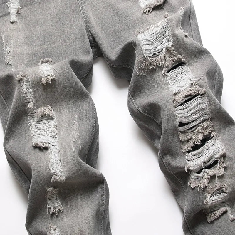 European American Holes Jeans Men Casual Gray Washed Teenagers Stretchless Mid Waist Slim Fitting Denim Pants Ripped Jeans