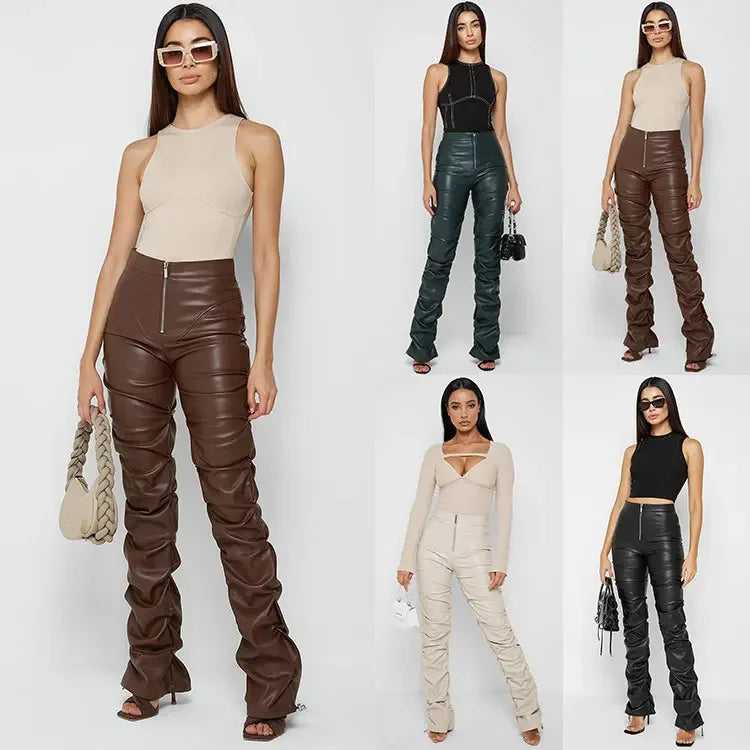 Women Leather Pant Solid Slim Fit Flare Pants Zipper Folds High Waist Trousers Pockets Elegant Ladies Autumn Streetwear