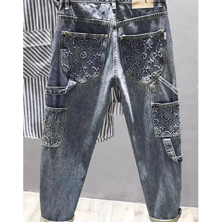 Men's casual straight-leg printed jeans autumn and winter new mid-waist loose trousers trendy tube trousers