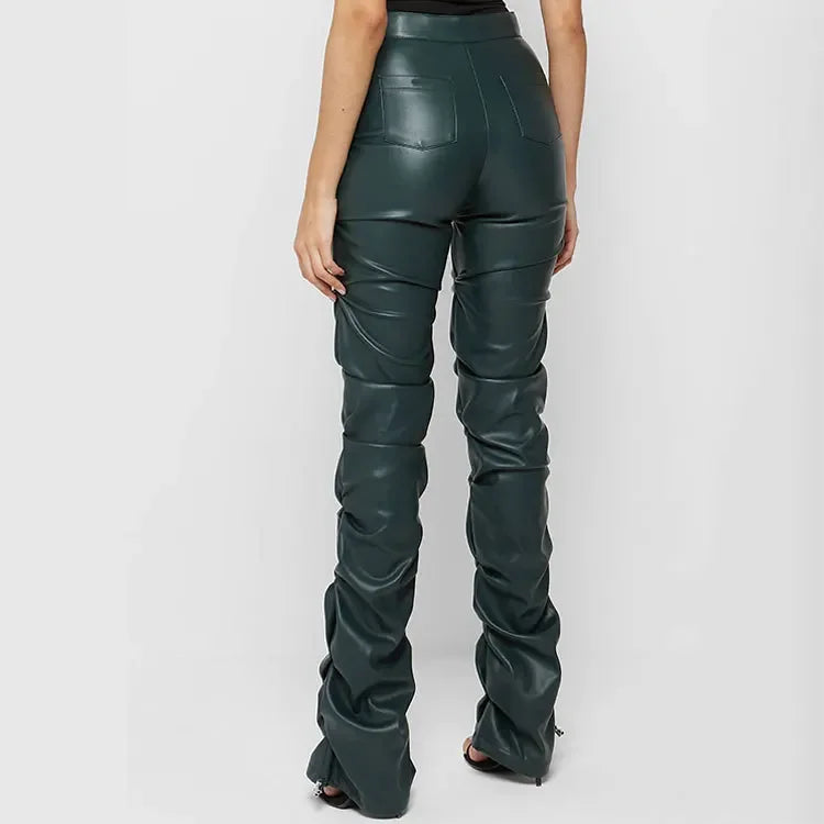 Women Leather Pant Solid Slim Fit Flare Pants Zipper Folds High Waist Trousers Pockets Elegant Ladies Autumn Streetwear