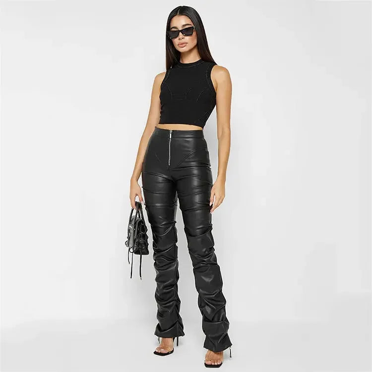 Women Leather Pant Solid Slim Fit Flare Pants Zipper Folds High Waist Trousers Pockets Elegant Ladies Autumn Streetwear