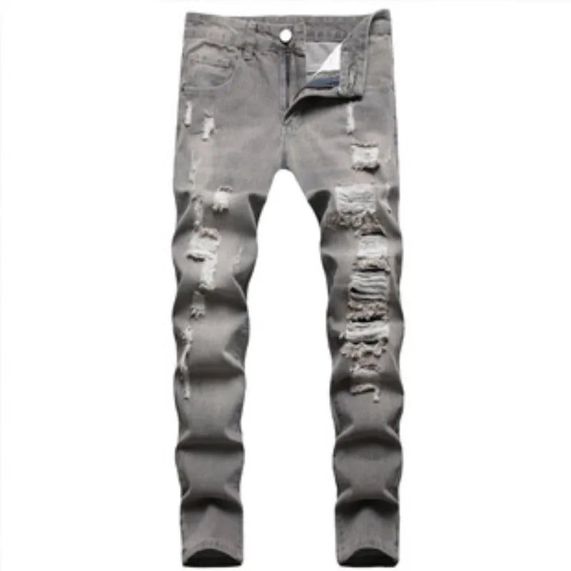 European American Holes Jeans Men Casual Gray Washed Teenagers Stretchless Mid Waist Slim Fitting Denim Pants Ripped Jeans