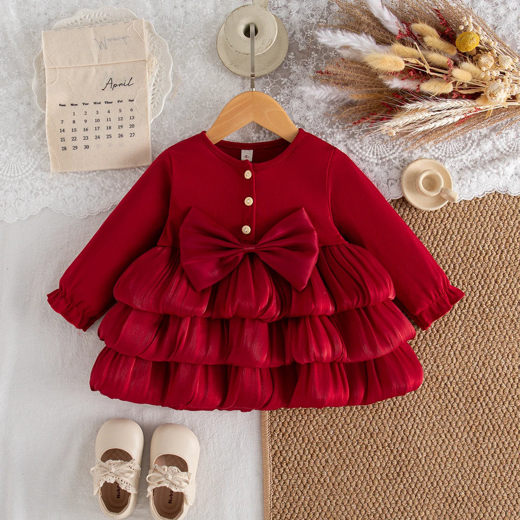 Spring And Autumn New Red Bow Baby Girl Dress, Sweet And Cute Children'S Clothing Suitable For Christmas Parties (6-24 Months)