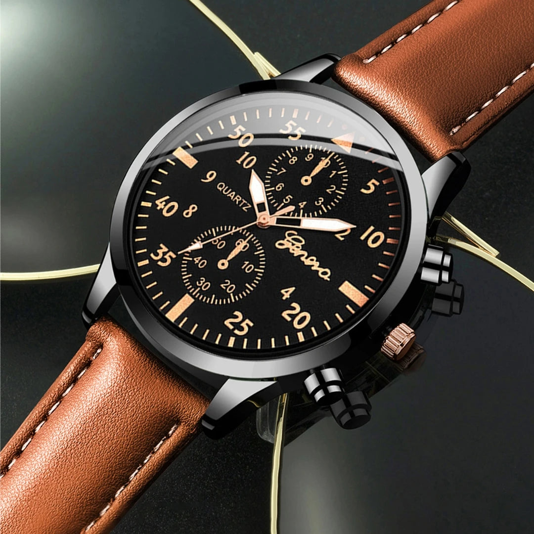 5PCS/4PCS Fashion Casual Men's Leather Strap Quartz Watch with Bracelet Set（Box not Included）