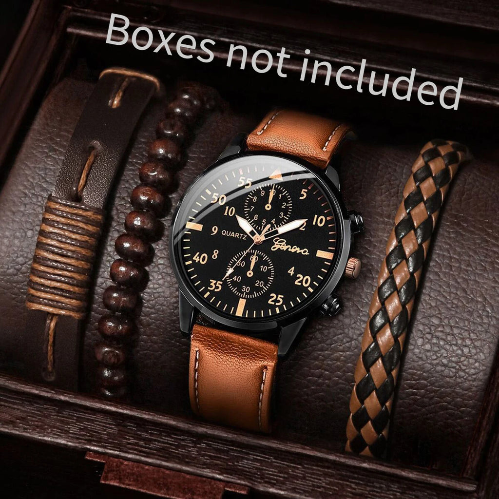 5PCS/4PCS Fashion Casual Men's Leather Strap Quartz Watch with Bracelet Set（Box not Included）