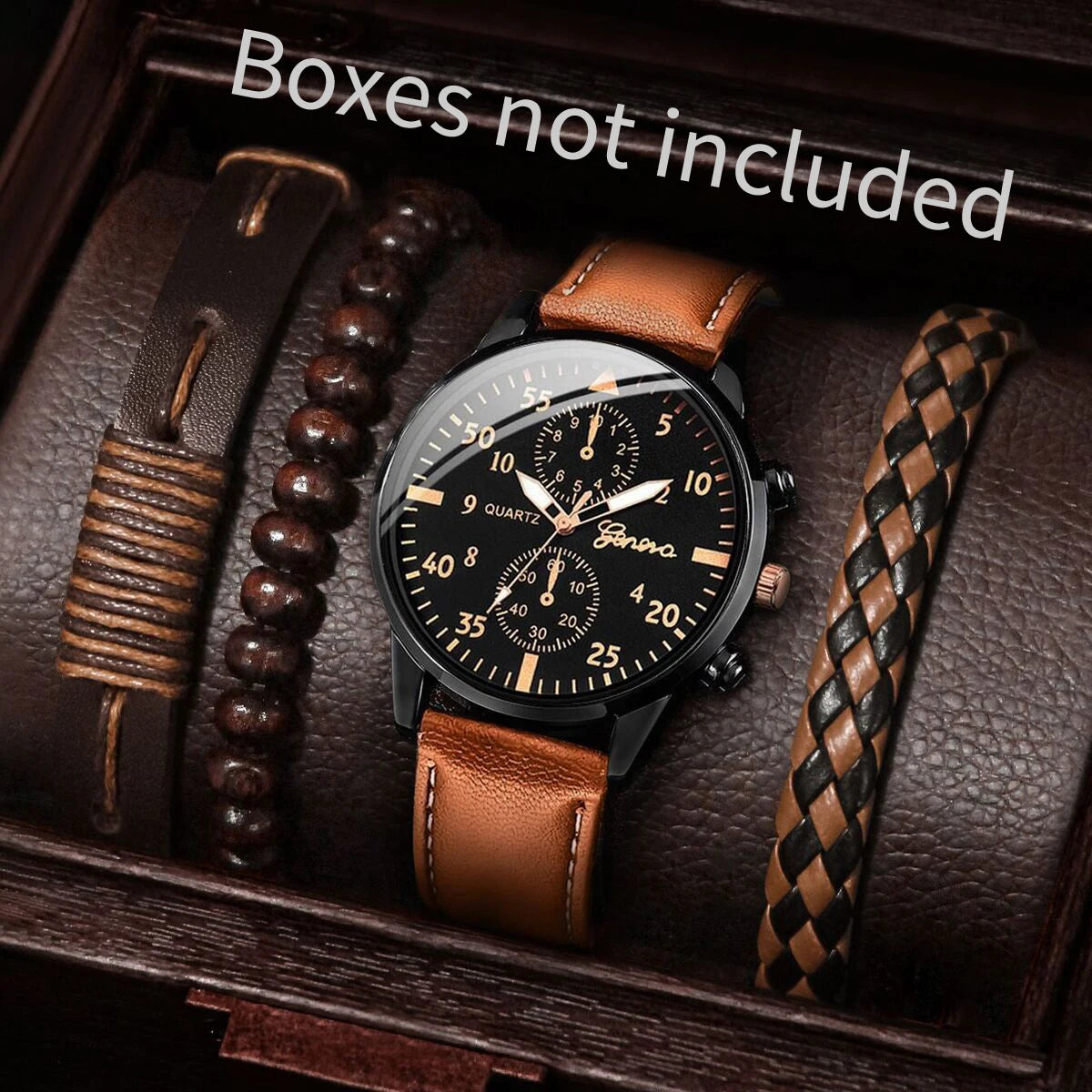 5PCS/4PCS Fashion Casual Men's Leather Strap Quartz Watch with Bracelet Set（Box not Included）
