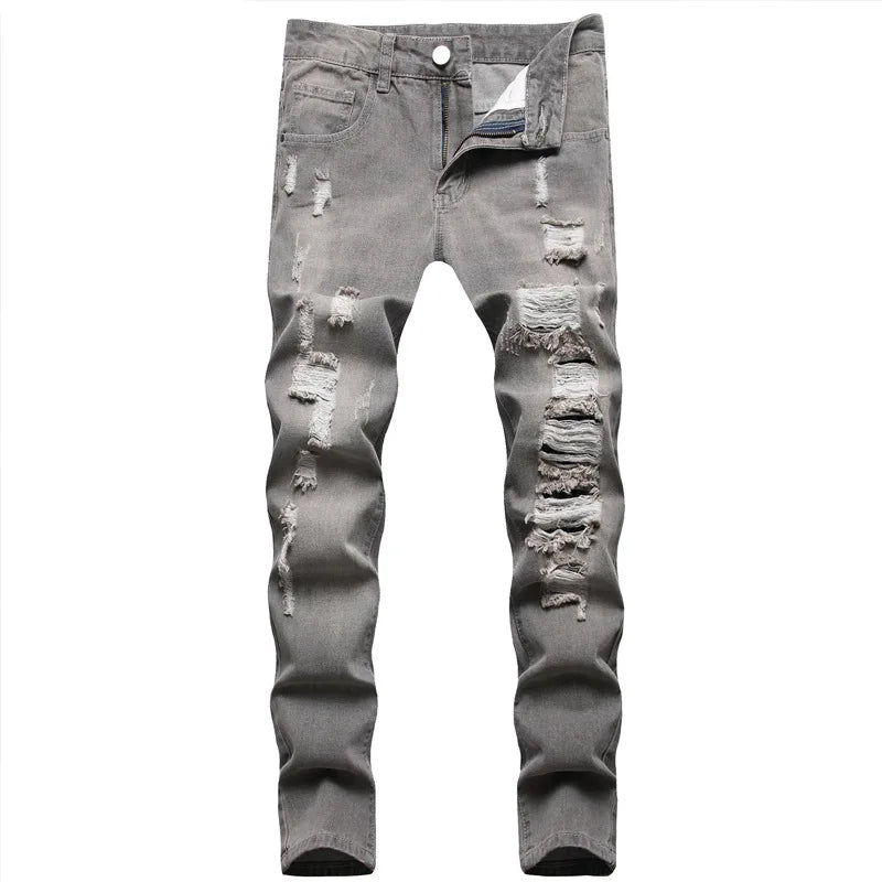 European American Holes Jeans Men Casual Gray Washed Teenagers Stretchless Mid Waist Slim Fitting Denim Pants Ripped Jeans