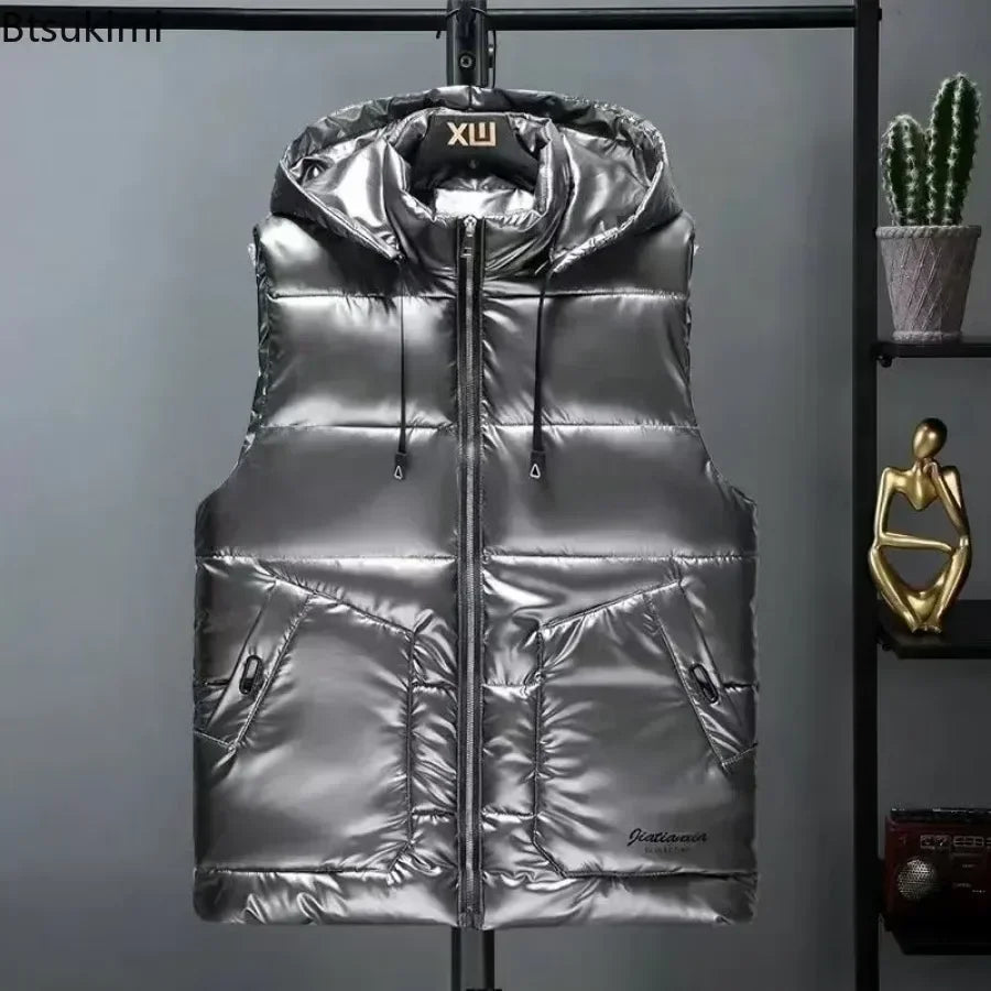 New 2026 Men's Glossy Hooded Vest Autumn Winter Thicken Windproof Warm Casual Waistcoat Fashion Handsome Down Cotton Parkas Vest