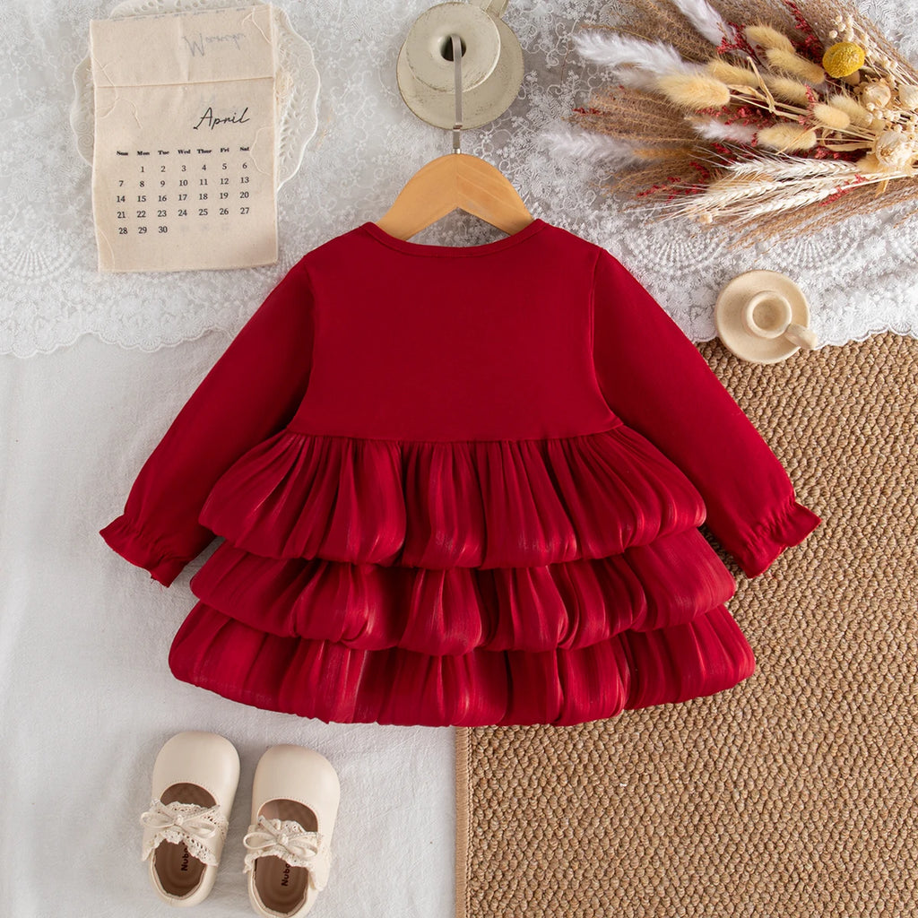 Spring And Autumn New Red Bow Baby Girl Dress, Sweet And Cute Children'S Clothing Suitable For Christmas Parties (6-24 Months)
