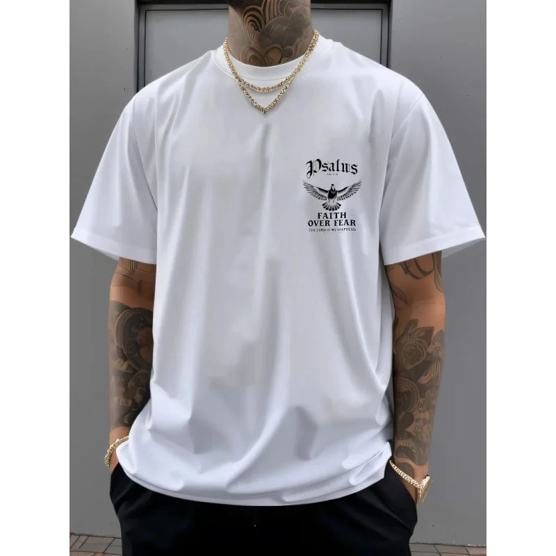 Men's Black T-Shirt Faith Over Fear Dove Psalm 23 Printed High Quality Cotton 180g+ Religious Christian Statement Tee for Church
