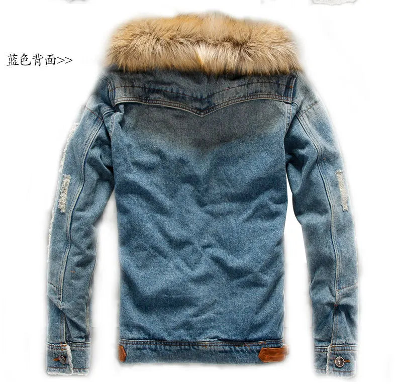 New Men's Fashion Retro Plush Denim Jacket Casual Tear Patch Denim Coat
