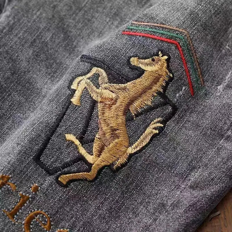 High End Jeans Men's Embroidered Elastic Embroidered Washed Slim Fit Small Leg Pants Casual Long Pants