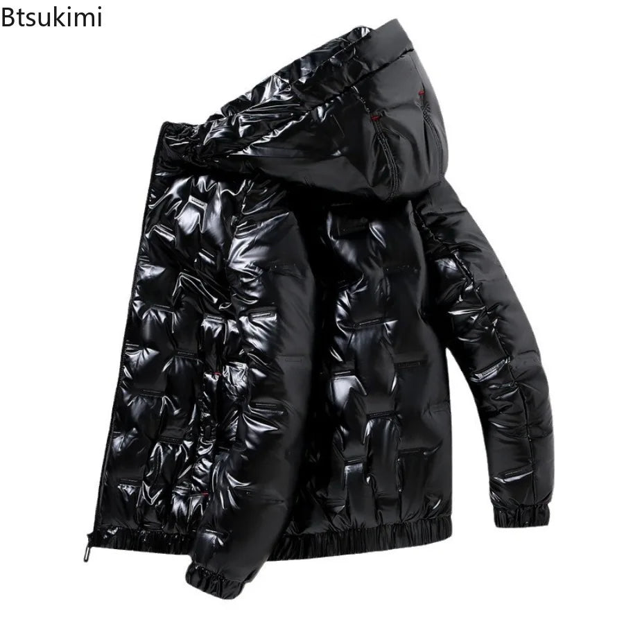 New 2025 Winter Men's Hooded Shiny Puffer Jackets Casual White Duck Down Coats High Quality Male Outdoor Windproof Warm Jackets