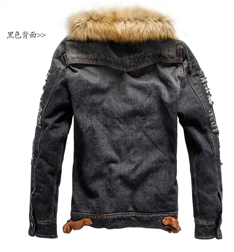 New Men's Fashion Retro Plush Denim Jacket Casual Tear Patch Denim Coat