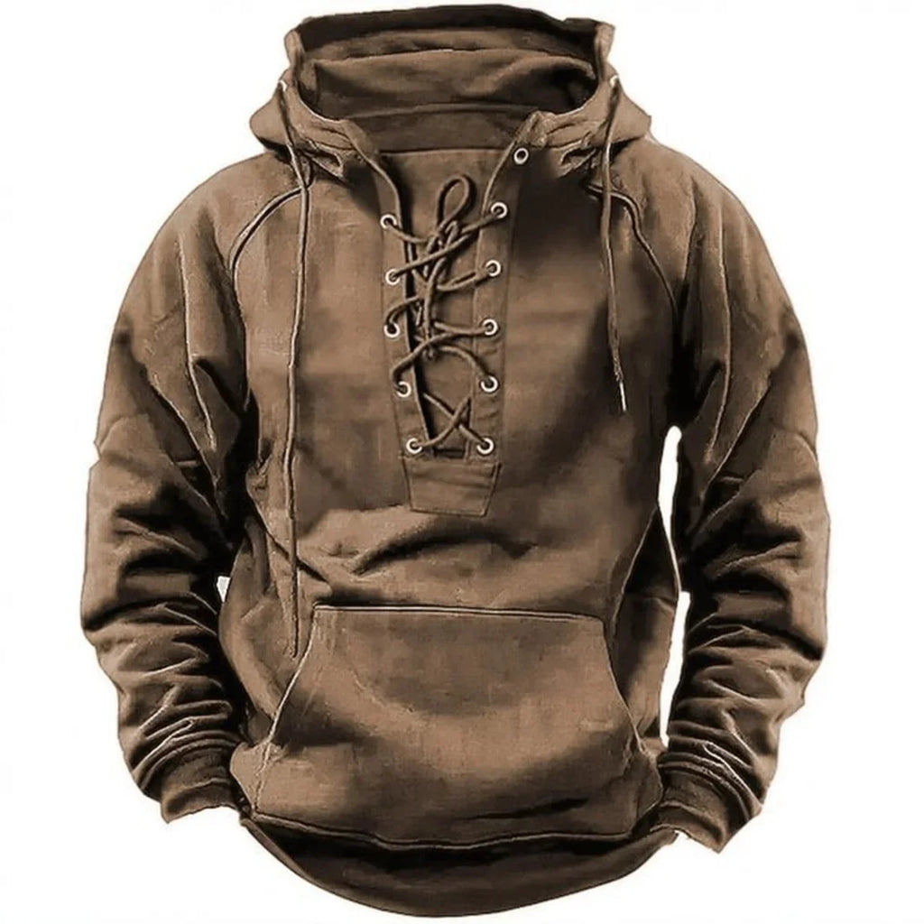 Men's Retro-Style Lace-Up Hooded Sweatshirt Loose-Fitting Long-Sleeved Pullover Pure Color Design for Autumn Winter Hoodie