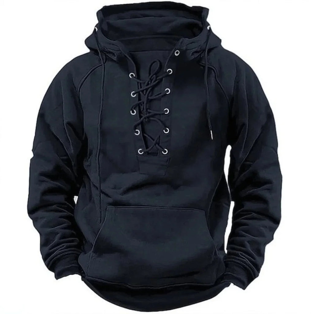 Men's Retro-Style Lace-Up Hooded Sweatshirt Loose-Fitting Long-Sleeved Pullover Pure Color Design for Autumn Winter Hoodie