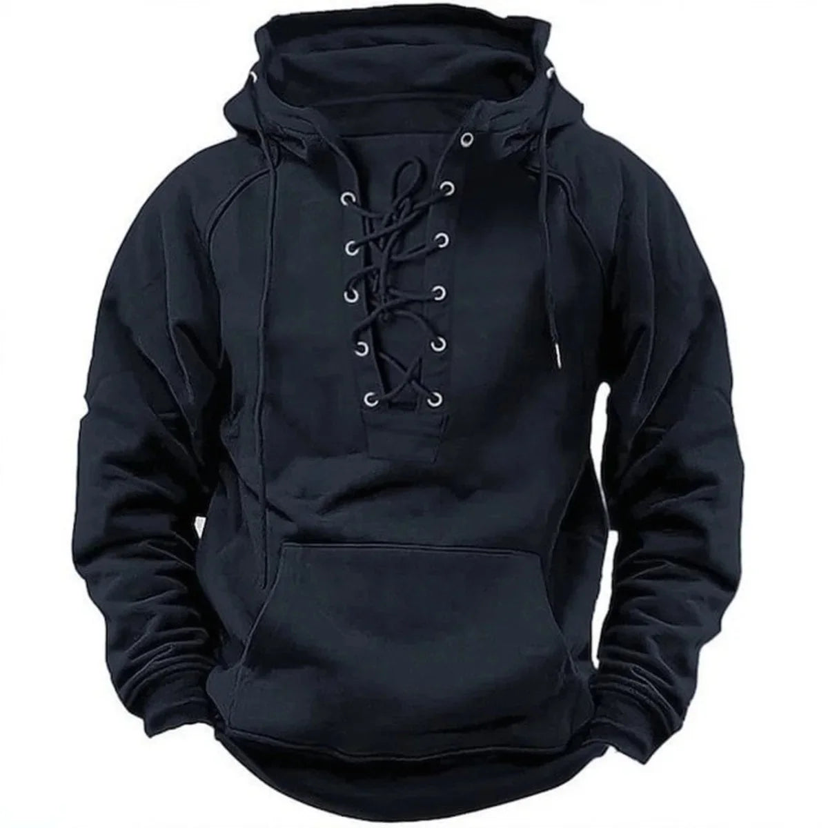 Men's Retro-Style Lace-Up Hooded Sweatshirt Loose-Fitting Long-Sleeved Pullover Pure Color Design for Autumn Winter Hoodie