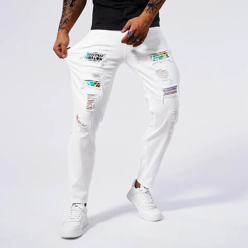 White ripped jeans for men 2024 new summer slim fit jeans for men straight leg casual pants for men stretch denim ripped pants