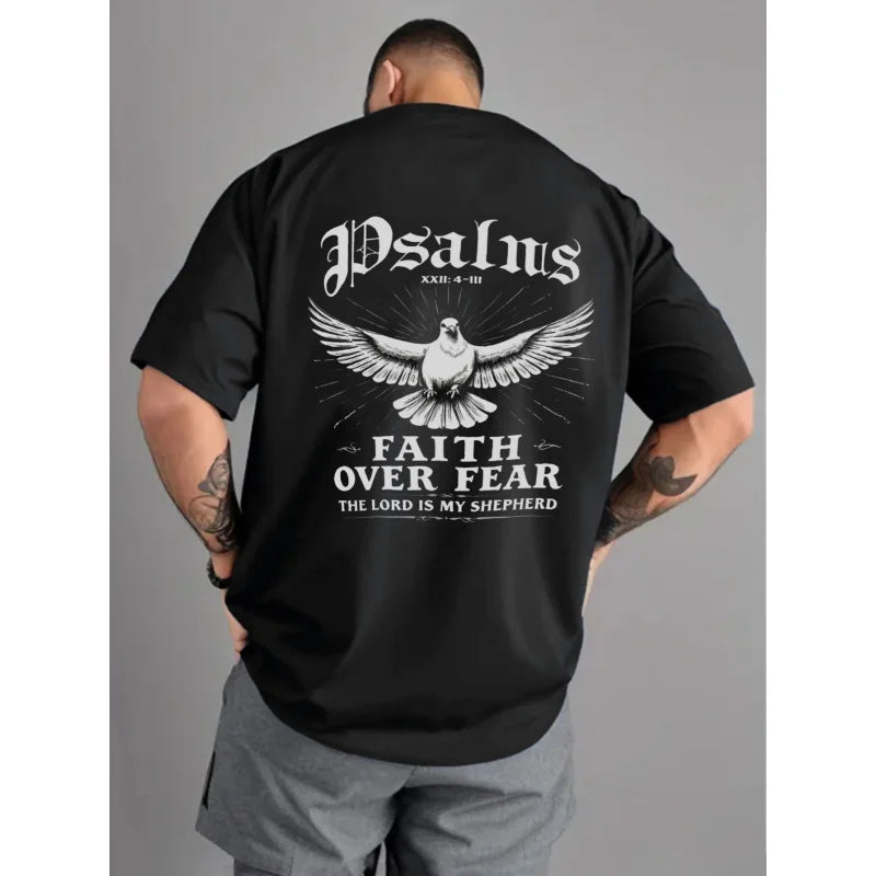 Men's Black T-Shirt Faith Over Fear Dove Psalm 23 Printed High Quality Cotton 180g+ Religious Christian Statement Tee for Church