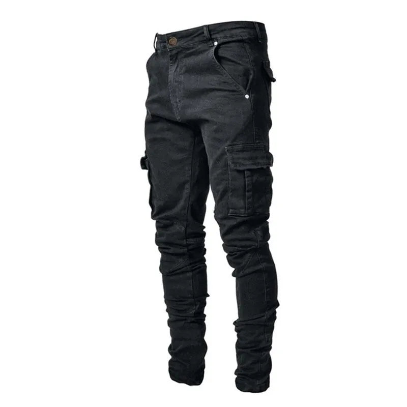 Autumn Winter New Men's Clothing Solid Color Stretch Multi-Bag Skinny Pants Slim Slimming Denim Cargo Pants Jeans