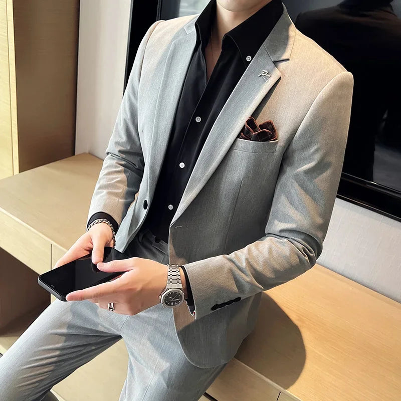 (Jacket + Pants) High End Brand Boutique Solid Color Mens Casual business office Suit Groom Wedding Dress Party Blazer Trousers