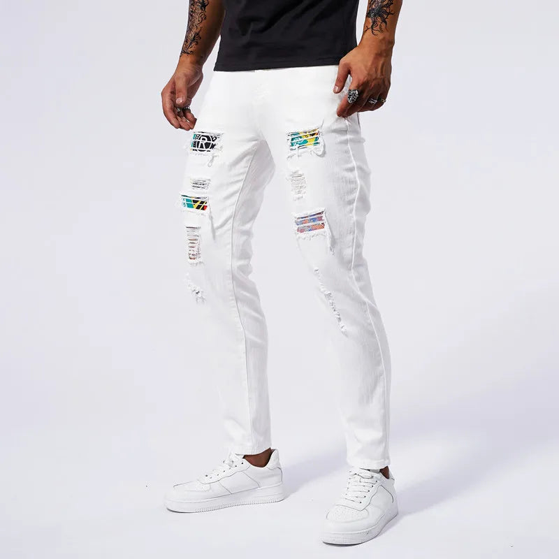 White ripped jeans for men 2024 new summer slim fit jeans for men straight leg casual pants for men stretch denim ripped pants