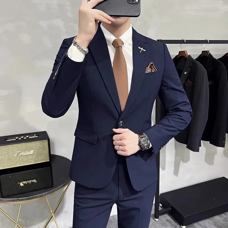 (Jacket + Pants) High End Brand Boutique Solid Color Mens Casual business office Suit Groom Wedding Dress Party Blazer Trousers