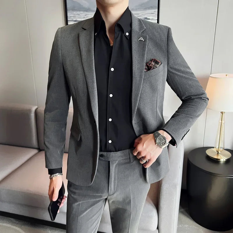 (Jacket + Pants) High End Brand Boutique Solid Color Mens Casual business office Suit Groom Wedding Dress Party Blazer Trousers