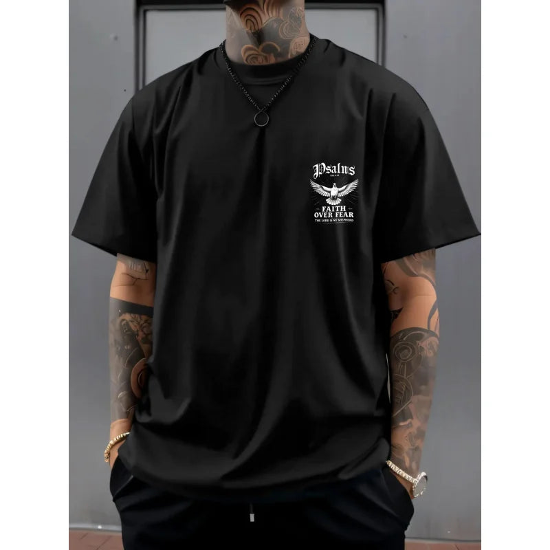 Men's Black T-Shirt Faith Over Fear Dove Psalm 23 Printed High Quality Cotton 180g+ Religious Christian Statement Tee for Church