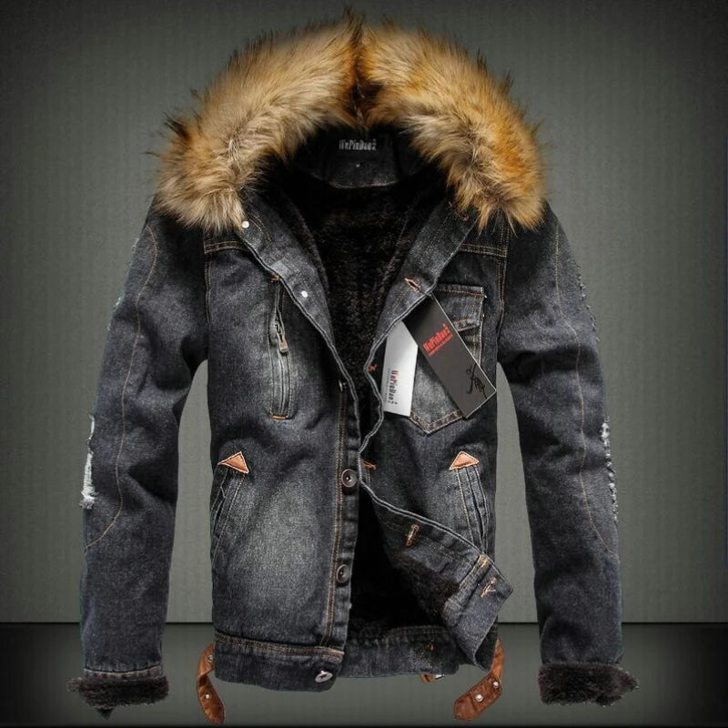 New Men's Fashion Retro Plush Denim Jacket Casual Tear Patch Denim Coat
